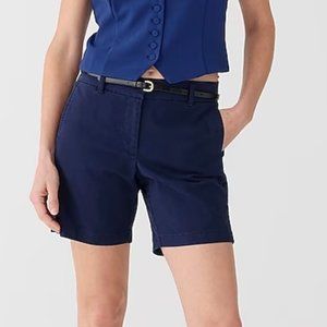 J. Crew navy 7 inch stretch chino shorts with zip fly, slash pockets in front.